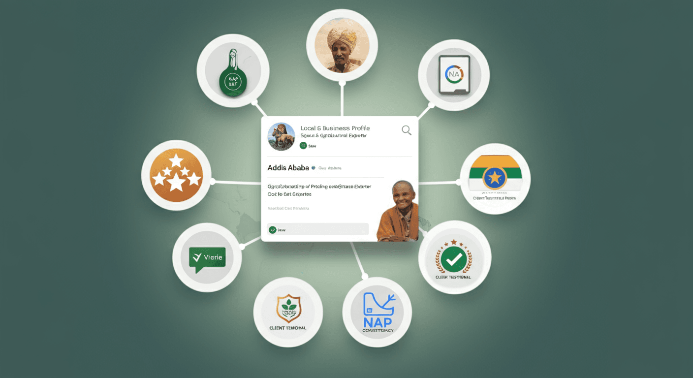 Local SEO setup and trust signal optimization for Hirut Export — Google Business Profile, NAP consistency, and structured data in Addis Ababa
